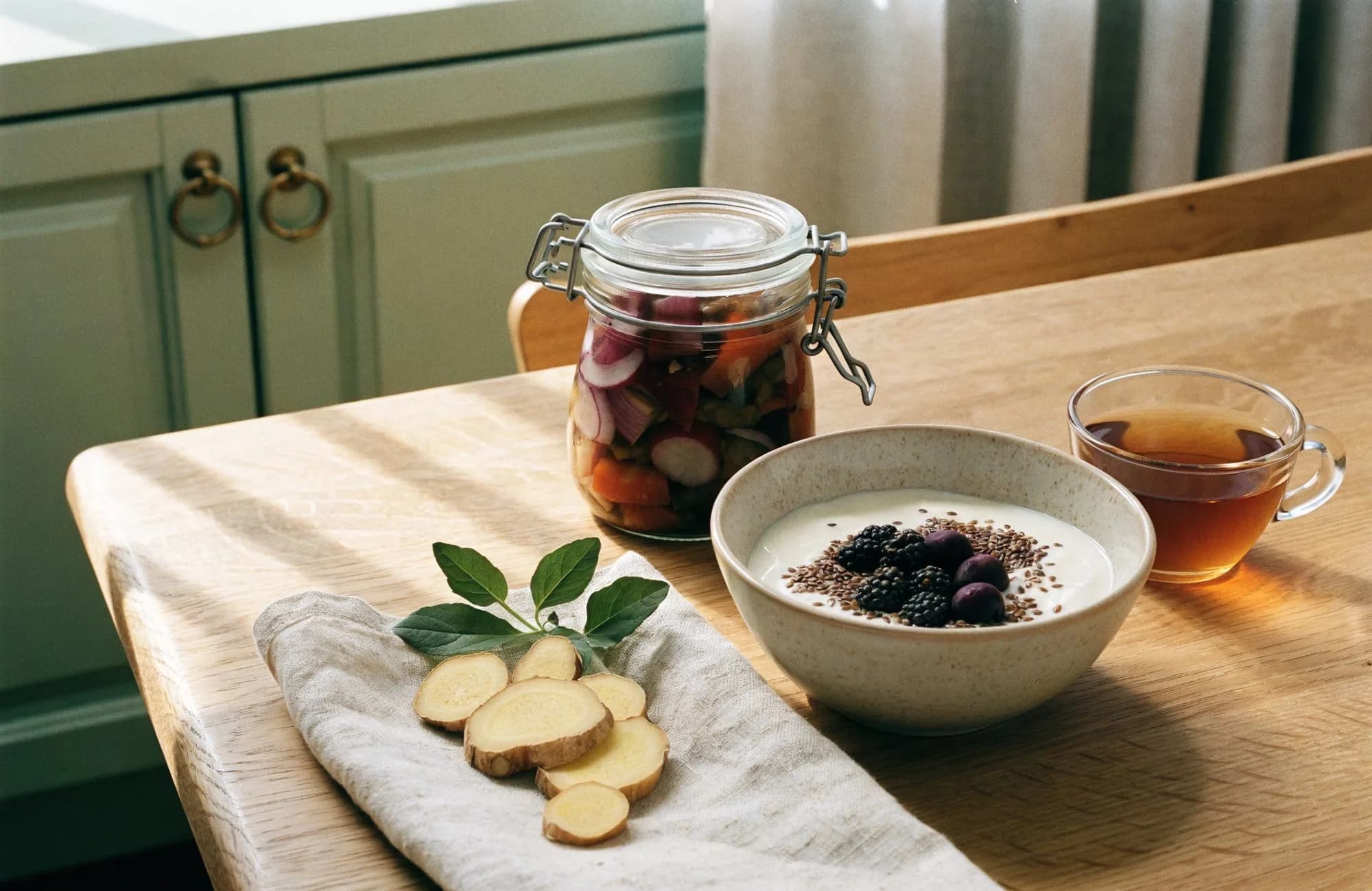 A breakfast of yogurt with berries, fermented vegetables and ginger tea on an oak table