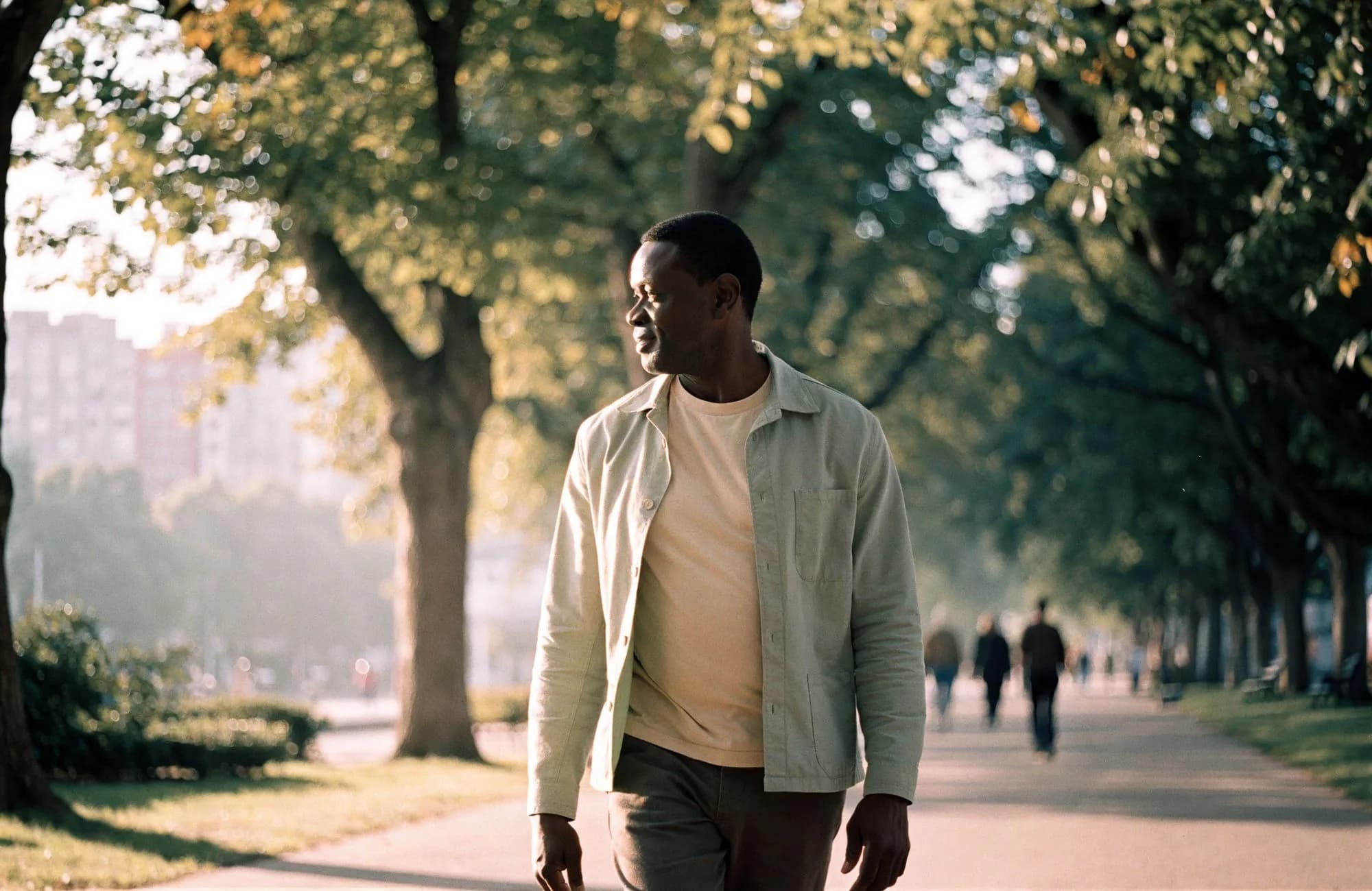 A man walking along a tree-lined park path in the morning