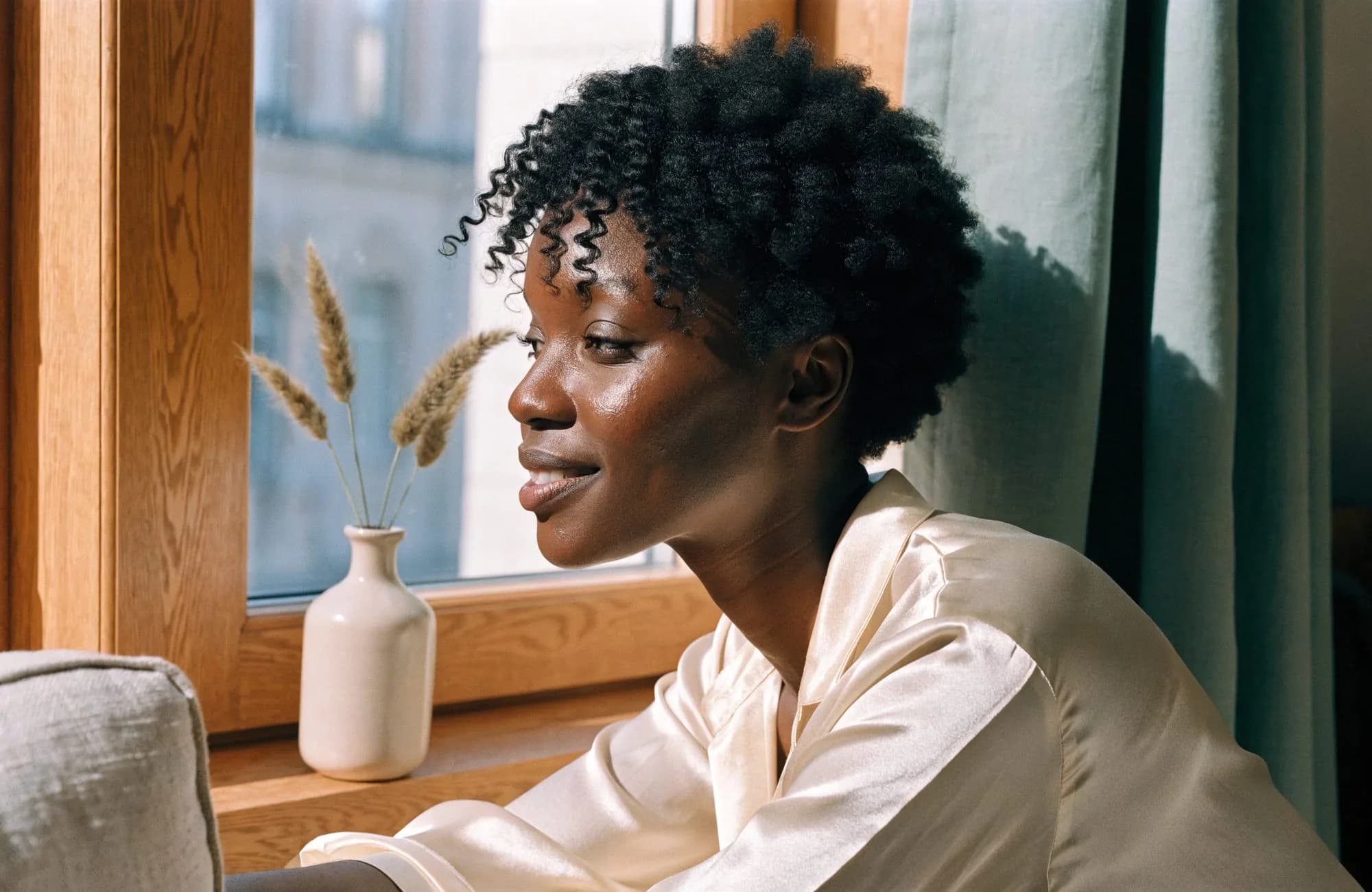 A woman with natural curls and glowing skin smiling by a sunlit window