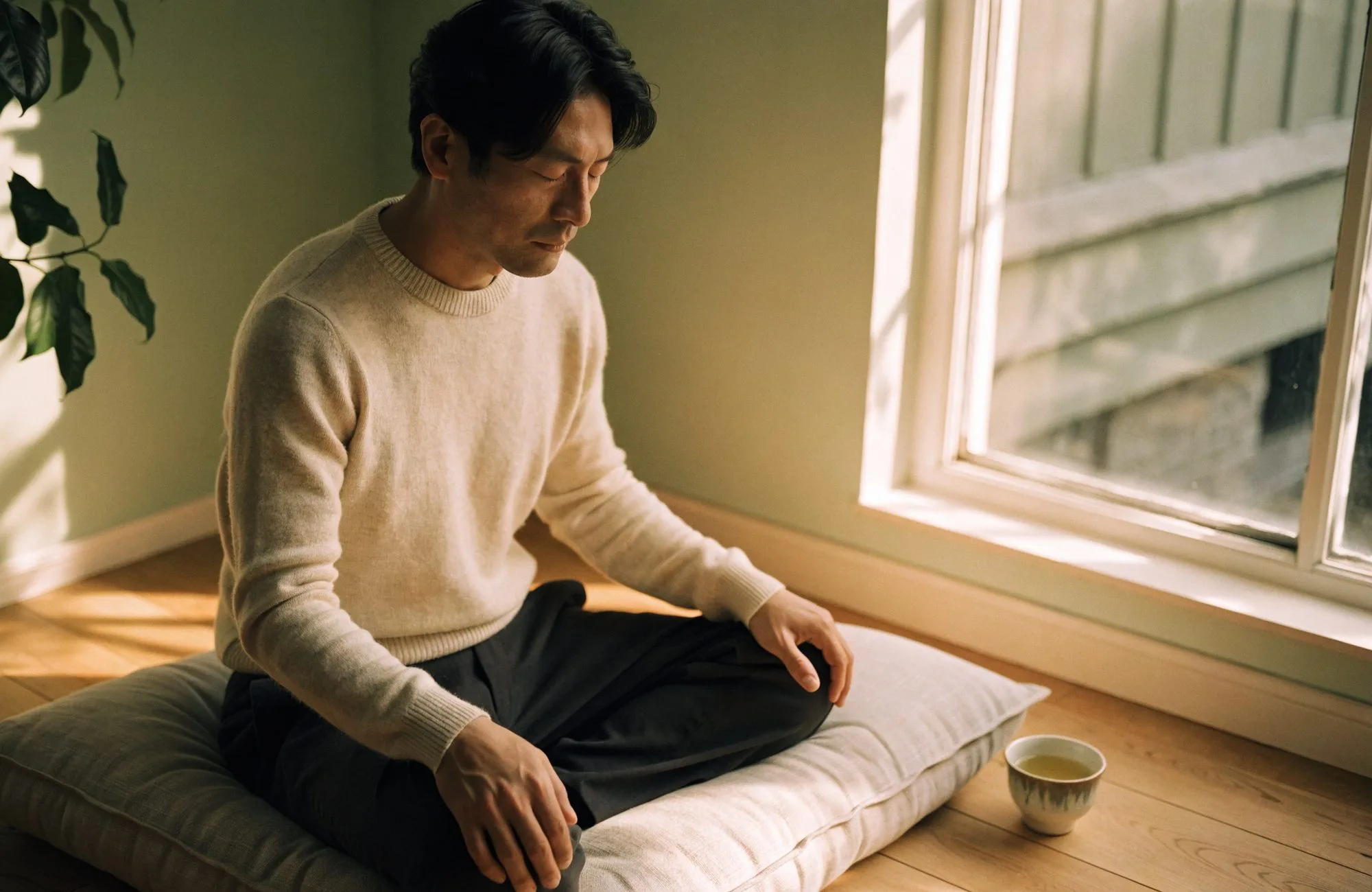 A man sitting cross-legged on a floor cushion by a window, eyes closed