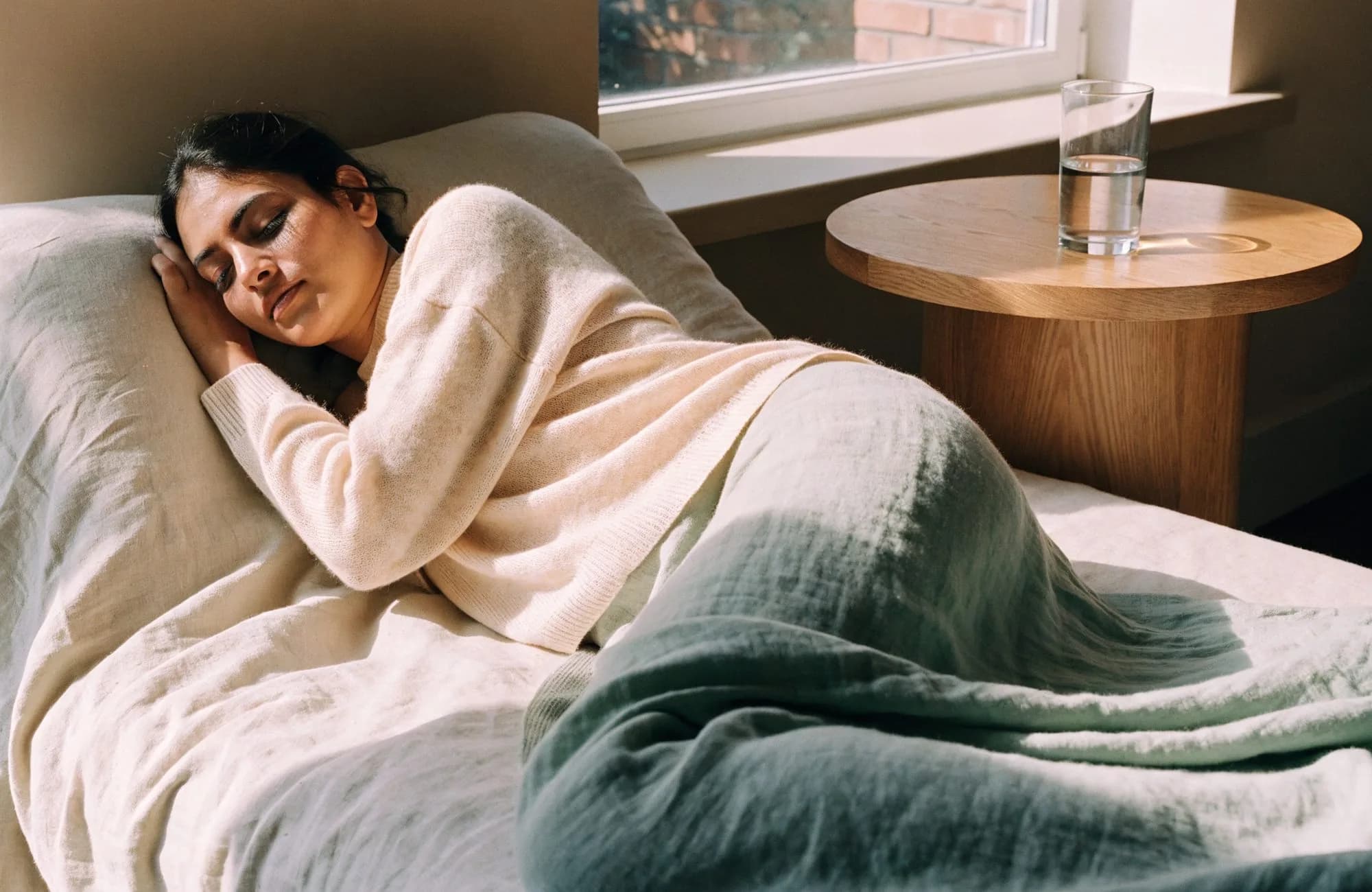A woman resting on a daybed by a sunlit window