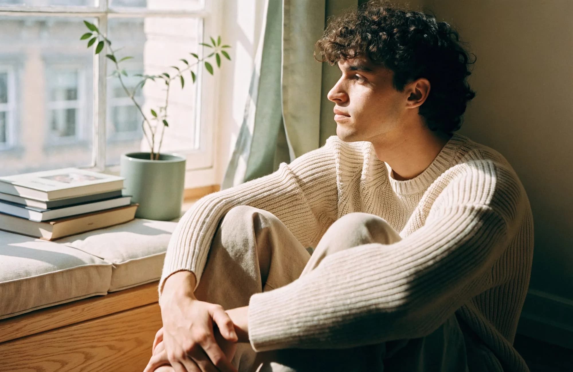 A young man sitting on a window seat, looking outside thoughtfully