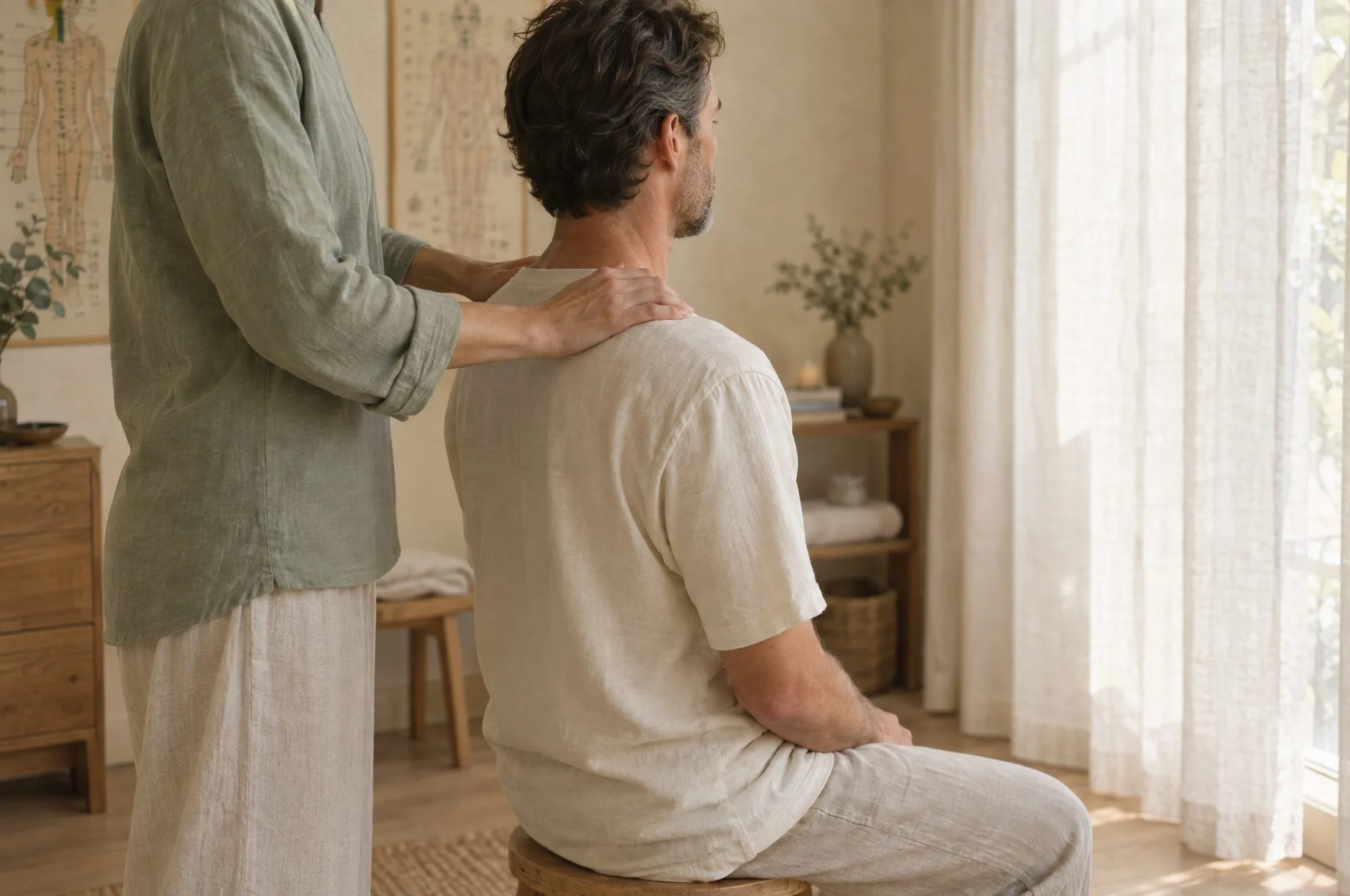 A practitioner's hands on the shoulders of a seated patient