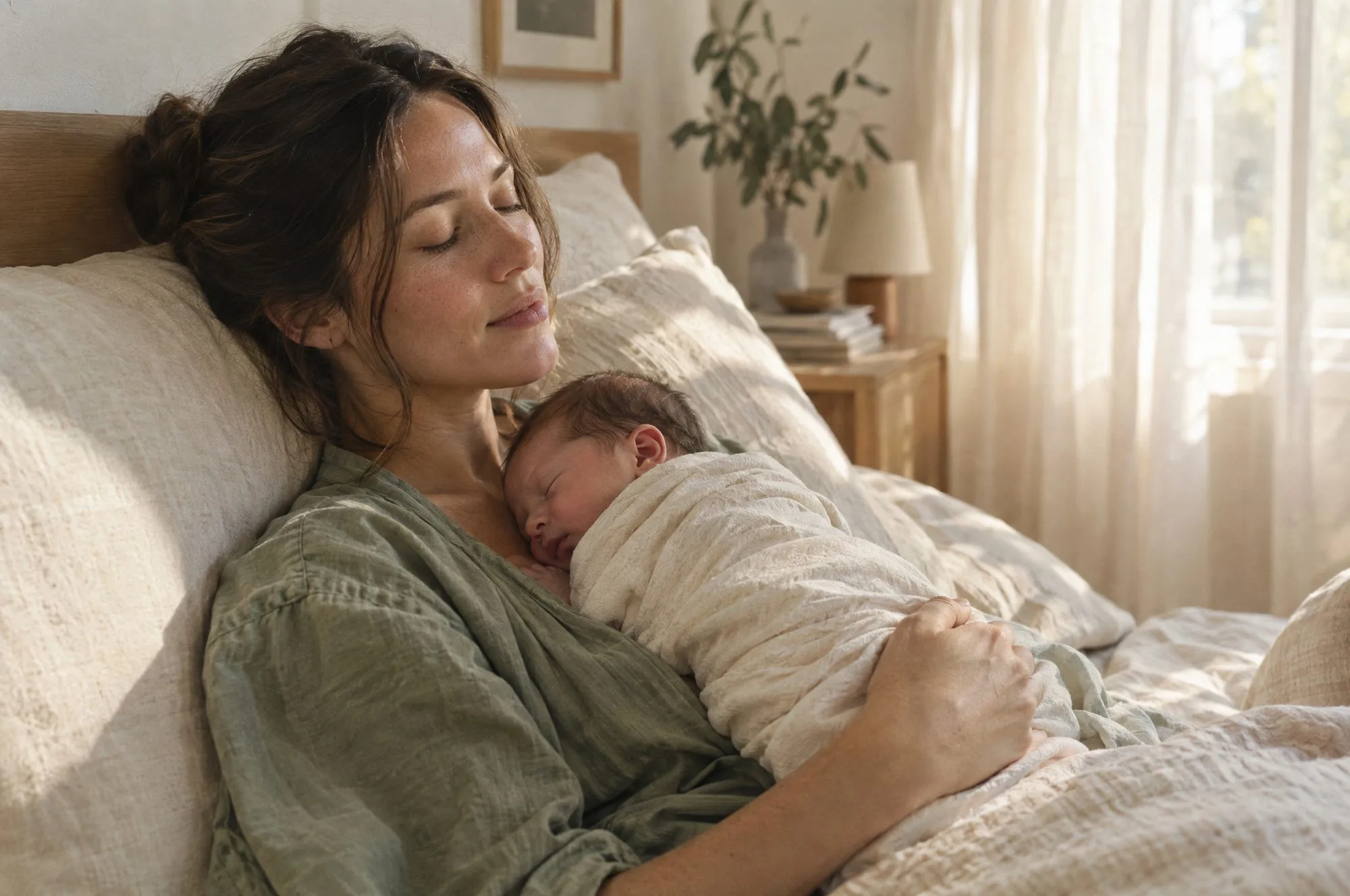 A mother resting in bed with her sleeping newborn on her chest