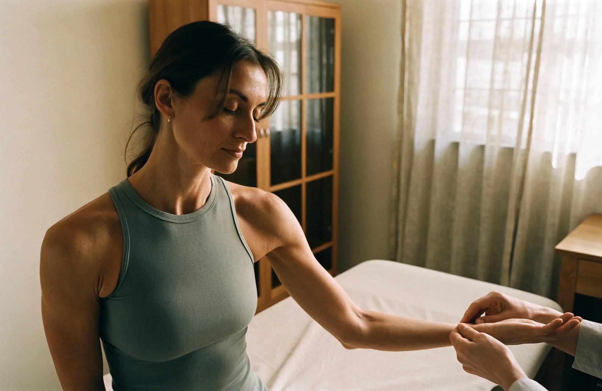 A practitioner working on the forearm of a woman seated on a treatment table